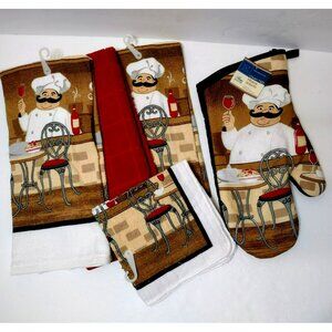 Fat Chef Kitchen Set, 6 pc Towels Oven Mitt Scrubber Dish Cloths, Red Brown NEW